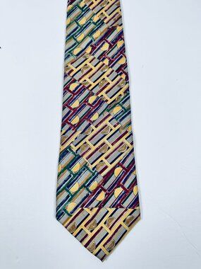 Robert Talbott Tie Mens Silk Geometric Patchwork Yellow‎ Bold USA Made Vintage